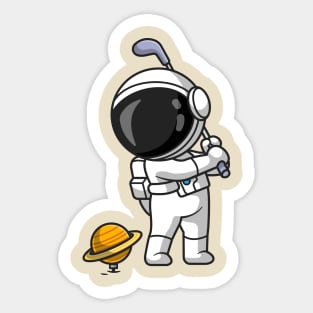 Cute Astronaut Playing Golf Planet Cartoon Sticker